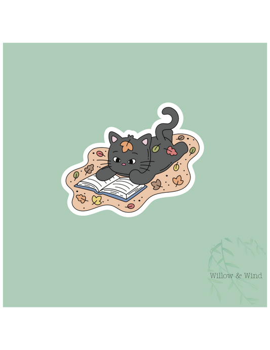 Fall Cat Reading - Cozy Autumn Sticker